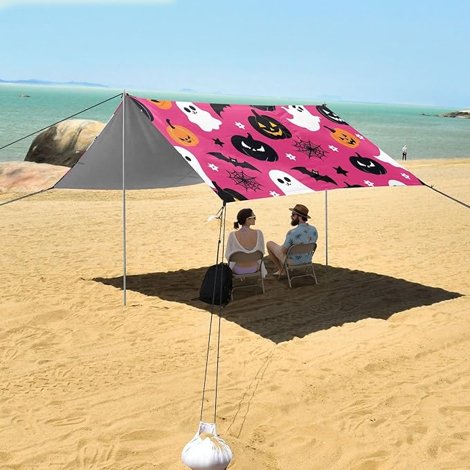 ALAZA Cute Ghost Pumpkin Bat Halloween Beach Tent Sun Shelter UPF50+ Protection Beach Shade Canopy w/ 4 Sandbags for Outdoor Camping Fishing Backyard Fun Picnic 10x9 ft