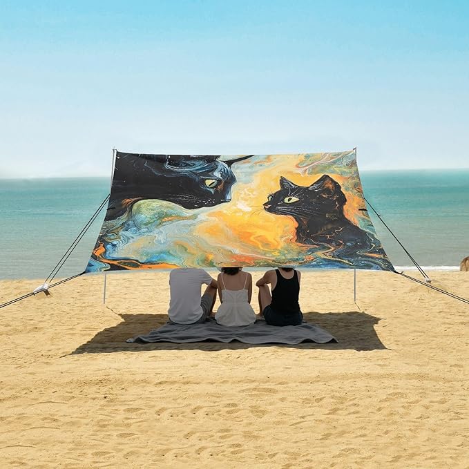 ALAZA Two Black Cats Looking at Each Other Beach Tent Sun Shelter Portable Canopy Sunshade for Outdoor Camping Picnics Backyard Fun 10x9 ft