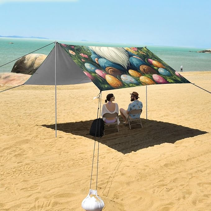 Easter Eggs Gnome Beach Tent Sun Shelter Set UPF50+ UV Protection 10.5 x 9.19 FT Camping Shade Canopy with Sandbags Sand Anchors Carrying Bag and Others