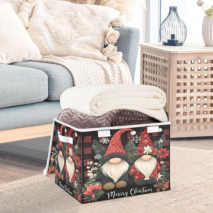 Merry Christmas Checkered Gnomes Collapsible Storage Bins with Lids Decorative Fabric Cubes Closet Organizer Basket Boxes Containers for Clothes Box Chest Folding Rectangle