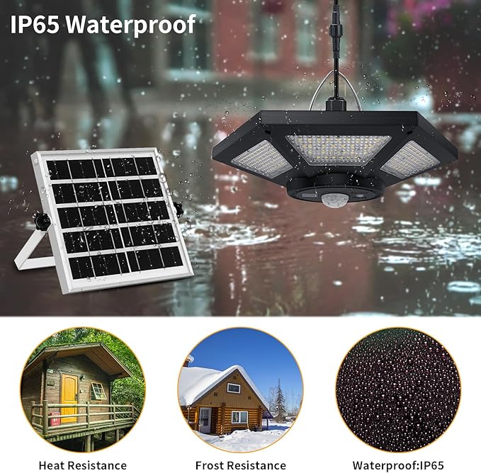 Aqonsie Solar Shed Light Indoor Outdoor Solar Powered Pandent Daytime Work Lights with 5 Lighting Modes &amp 3 Timers 180LED Solar Indoor Lights Motion Sensor with Remote Control for Shed Barn Garag