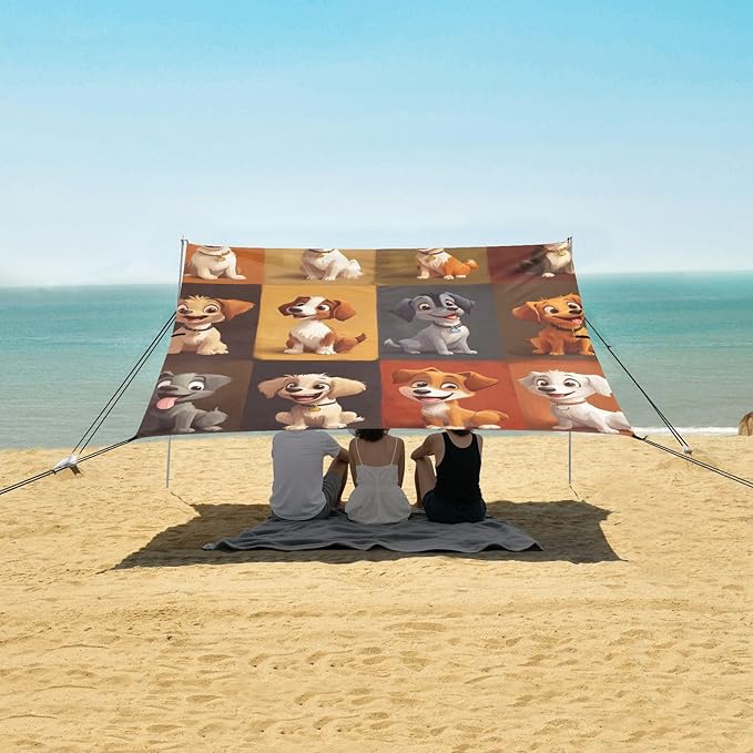 ALAZA Cute Cartoon Dogs of Different Breeds Beach Tent Sun Shelter Portable Canopy Sunshade for Outdoor Camping Picnics Backyard Fun 10x9 ft