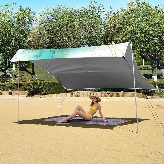 xigua Textures Beach Tent Sun Shelter with Carrying Bag - Silver Coated Oxford Fabric Beach Canopy for Beach Camping Fishing - Includes Windproof Ropes Sandbags &amp Stakes