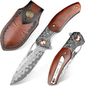 Zingbee Damascus Pocket Knife with Sheath 3.35 Damascus Steel Blade Knife with Wooden Handle EDC Pocket Knives &amp Folding Knives for Outdoor Camping Ideal Gifts for Men Women