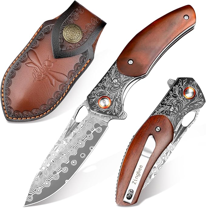 Zingbee Damascus Pocket Knife with Sheath 3.35 Damascus Steel Blade Knife with Wooden Handle EDC Pocket Knives &amp Folding Knives for Outdoor Camping Ideal Gifts for Men Women