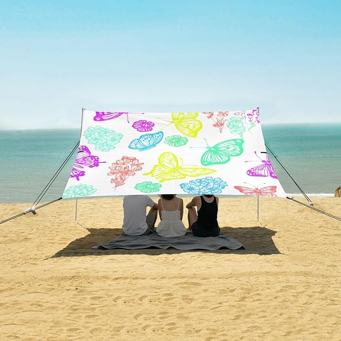xigua Butterfly Beach Tent Sun Shelter with Carrying Bag - Silver Coated Oxford Fabric Beach Canopy for Beach Camping Fishing - Includes Windproof Ropes Sandbags &amp Stakes