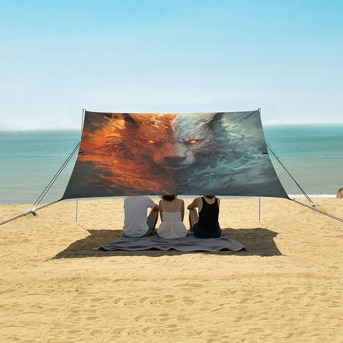 ALAZA Half Fire Half Water Wolf Beach Tent Sun Shelter Portable Canopy Sunshade for Outdoor Camping Picnics Backyard Fun 10x9 ft