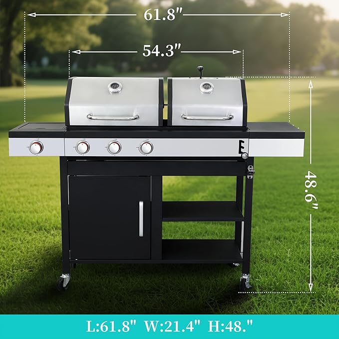 3 Burner Gas &amp Charcoal Combo Grill with Side Burner 39000 BTU Propane BBQ Grill Cast Iron Grates &amp Griddle Warming Rack Grease Tray Storage Cabinet 4 Wheels for Outdoor Patio