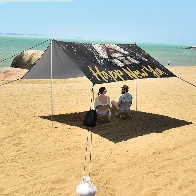 ALAZA Happy New Year French Bulldog Beach Tent Sun Shelter Portable Canopy Sunshade for Outdoor Camping Picnics Backyard Fun 10x9 ft