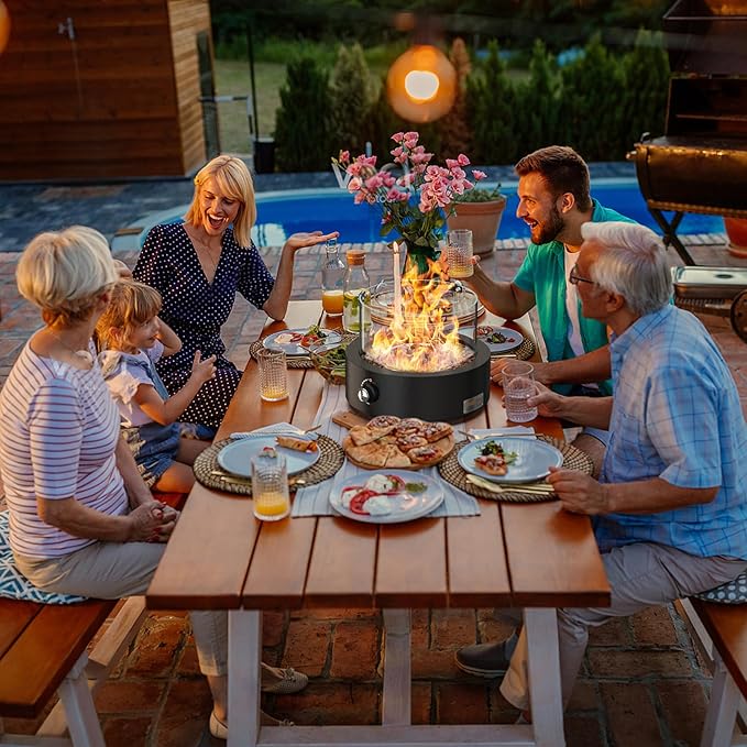 ONLYFIRE OUTDOOR LIVING 15.7 Portable Propane Gas Fire Pit Side-Mounted Modern Tabletop Fireplace Smokeless Firepit with Glass Wind Guard for Patio Camping RV Tailgating 23000BTU Round FP038