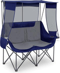 Teenyyou Double Camping Chair with Canopy Shade 660lbs Heavy Duty Beach Chair Portable Folding 2 Person Camping Loveseat with Cup Holder and Storage Bag for Lawn Beach Outdoor Sport(Blue and Grey)