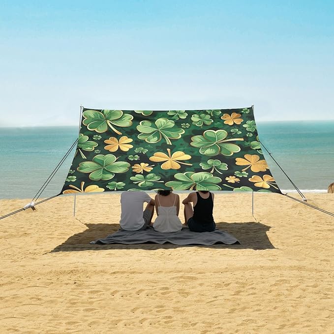 St Patrick's Day Shamrock Beach Tent Sun Shelter Set UPF50+ UV Protection 10.5 x 9.19 FT Camping Shade Canopy with Sandbags Sand Anchors Carrying Bag and Others
