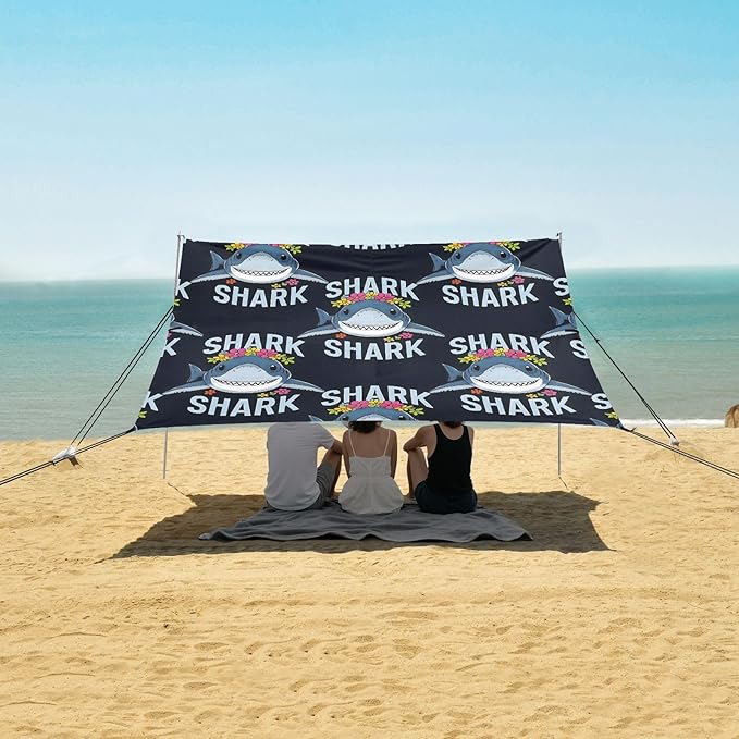 ALAZA Black Bottomed Shark Pattern Beach Tent Sun Shelter Portable Canopy Sunshade for Outdoor Camping Picnics Backyard Fun 10x9 ft