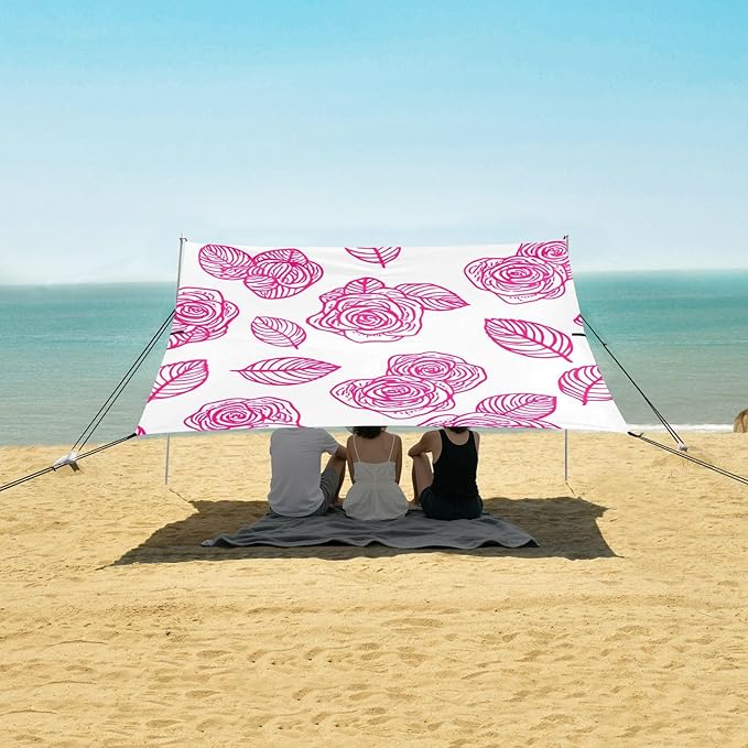 Beach Canopy with Windproof Ropes &amp Sandbags Beach Tent Sun Shade Sun Shelter for Camping Trips Fishing Backyard Fun or Picnics Roses