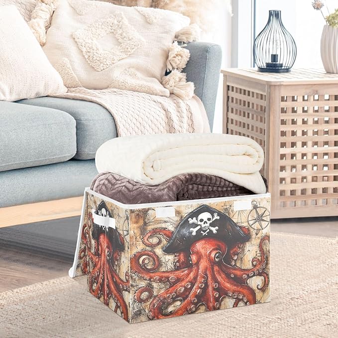 Octopus Pirate and Compass Collapsible Storage Bins with Lids Decorative Fabric Cubes Closet Organizer Basket Boxes Containers for Clothes Box Chest Folding Rectangle