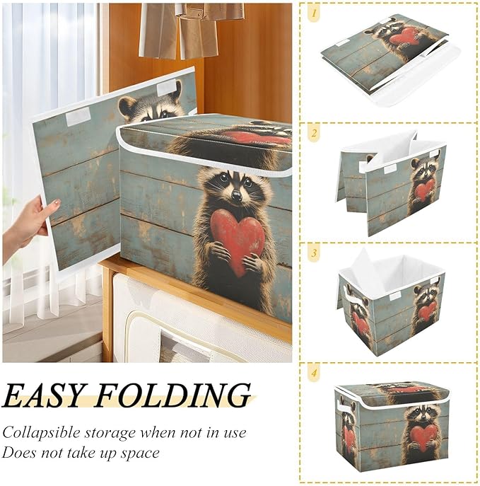 Storage Cube with Lid Wood Raccoon Print 16.5×12.6×11.8 IN Collapsible Large Capacity Foldable Storage Basket Bin Organizer