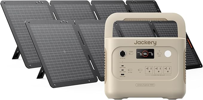 Jackery Solar Generator 1000 v2 with 2x100W Air Solar Panels 1070Wh Portable Power Station LiFePO4 Battery 1500W AC Output 1 Hr Fast Charge for Camping Emergency RV Off-Grid (Dune White)