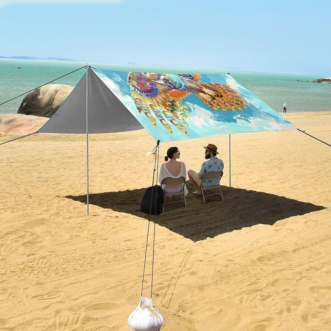 ALAZA Soaring Owl Rainbow Color Beach Tent Sun Shelter UPF50+ Protection Beach Shade Canopy w/ 4 Sandbags for Outdoor Camping Fishing Backyard Fun Picnic 10x9 ft