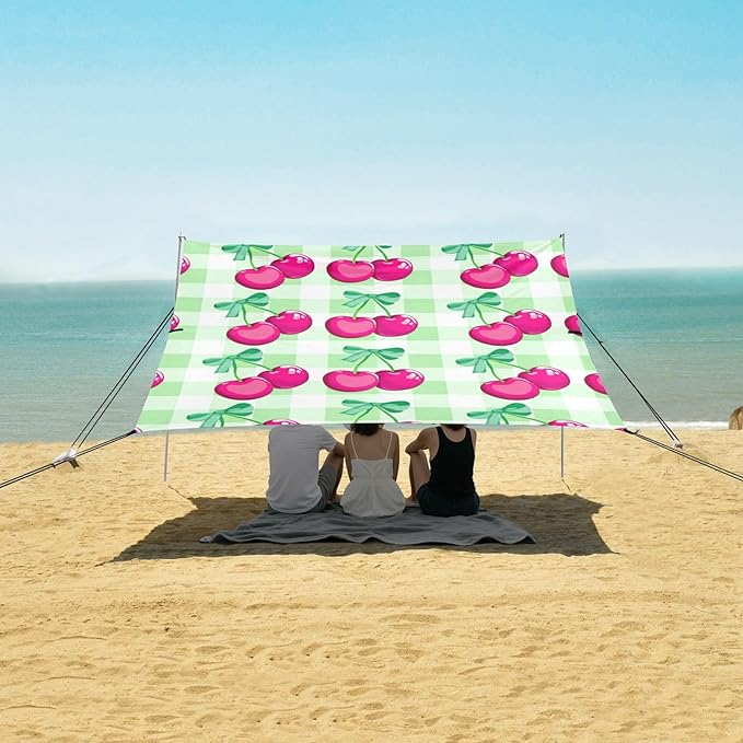 Beach Canopy with Windproof Ropes &amp Sandbags Beach Tent Sun Shade Sun Shelter for Camping Trips Fishing Backyard Fun or Picnics Cherry