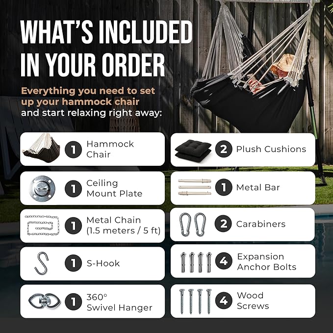 Hanging Hammock Chair Swing – Hanging Chair Outdoor &amp Indoor - Hammock Swing Chair – Quick &amp Easy Setup with Hardware Kit – Durable &amp Spacious Full Body Support with 2 Plush Cushions – Hol