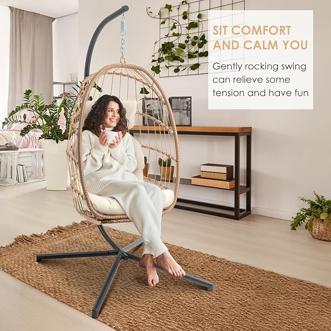 Brafab Hanging Egg Chair with Stand and Footrest Wicker Egg Swing Chair Indoor Outdoor Aluminum-Steel Frame and UV Resistant Cushion Patio Lounge Hammock Chairs for Bedroom 370LBS Capacity Begie