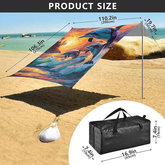 ALAZA Dolphins Sunset Sea Beach Tent Sun Shelter UPF50+ Protection Beach Shade Canopy w/ 4 Sandbags for Outdoor Camping Fishing Backyard Fun Picnic 10x9 ft