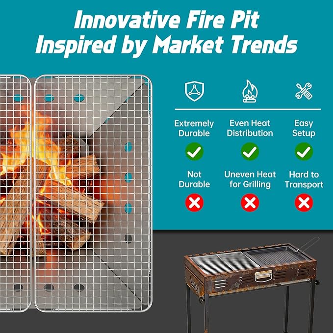 Stainless Steel Fire Pit for Camping Collapsible Fire Pit for Outdoor Use 2-4 Person Portable Firepit Tool-Free Assembly Patio Bonfire Picnic and BBQ with Grill Net &amp Canvas Storage Bag