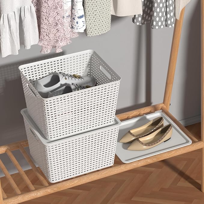 Teyyvn 6 Pack Large Plastic Storage Basket with Lid 20 Quart Lidded Storage Basket Bin for Closet Shelves White