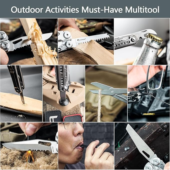 HX OUTDOORS 19 In 1 Multi Tool Pocket Knife Set Stainless Steel Multitool Pliers with Fire Starter and Glass Breaker Folding EDC Camping Survival Tools for Men (Silver)