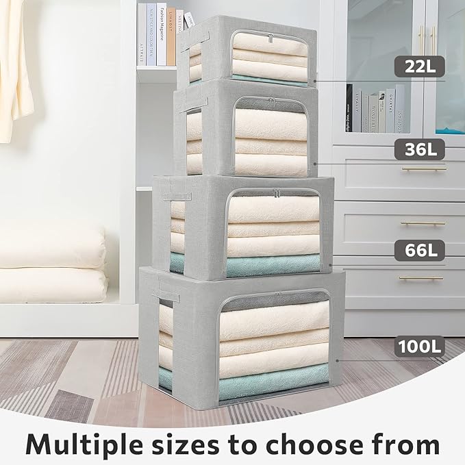 FHSQX 2 Pack Clothes Storage Bins Stackable Metal Frame Storage Box Large Capacity Foldable Linen Fabric Box Organizer with Carrying Handles and Clear Window (Light Gray 19.7x 15.7x 12.6 Inch)
