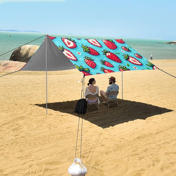 Cute Strawberry Red Blue Beach Tent Sun Shelter Set UPF50+ UV Protection 10.5 x 9.19 FT Camping Shade Canopy with Sandbags Sand Anchors Carrying Bag and Others