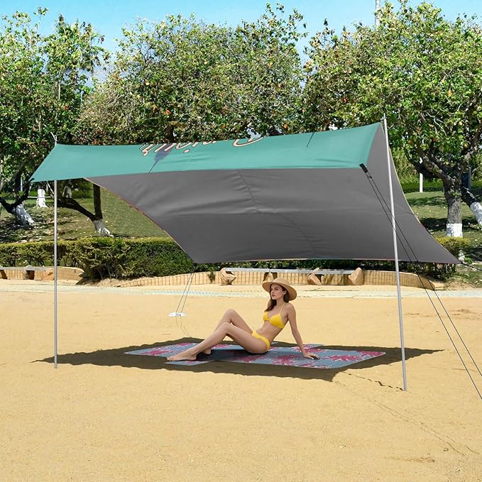 xigua Eiffel Tower Beach Tent Sun Shelter with Carrying Bag - Silver Coated Oxford Fabric Beach Canopy for Beach Camping Fishing - Includes Windproof Ropes Sandbags &amp Stakes