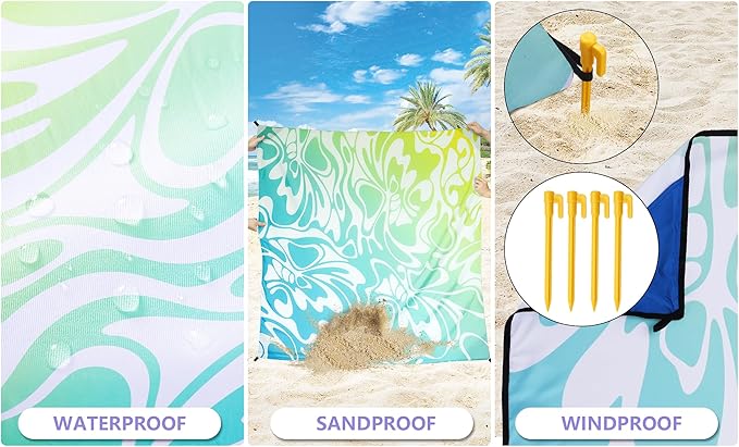 Beach Blanket Waterproof Sandproof Beach Mat 79 X 83/10'x9'for 2-8 Adults Quick Drying Outdoor Picnic Mat Beach Accessories for Travel Camping Hiking