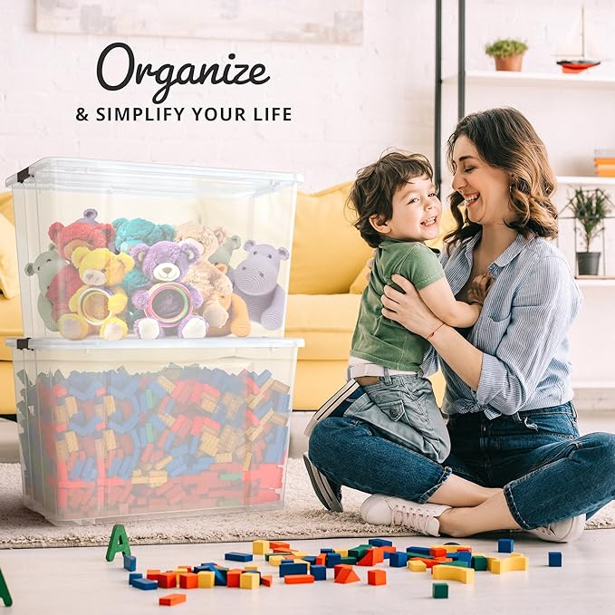 Lifetime Appliance Parts 4 PACK 97 Qt. Plastic Storage Bin Tote Organizing Container with Ultra Durable Lid &amp Secure Latching Buckles Stackable Extra Strength Clear w/Black Handle