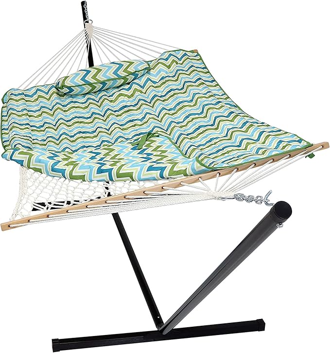 Sunnydaze Rope Hammock with Stand for Outside- 275-Pound Capacity - Includes 12-Foot Hammock Stand Spreader Bar Pad and Pillow - Blue and Green Chevron