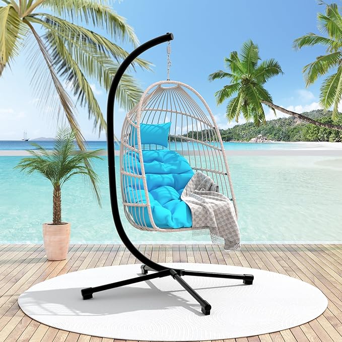 Foldable Hanging Egg Chair with Stand HDPE Rattan and Heavy Duty Aluminum-Steel Frame Outdoor Patio Wicker Swing Egg Chair with Headrest and Cushioned 350 Lbs Capacity (Blue)