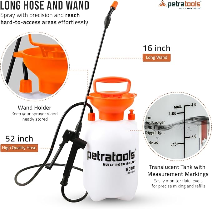 Petratools 1 Gallon Pump Sprayer – HD101 Garden Sprayer for Weeds Lawn Care &amp Pesticides – 52” Long Hose 2 Nozzles &amp Easy Carry Handle – Durable &amp Lightweight