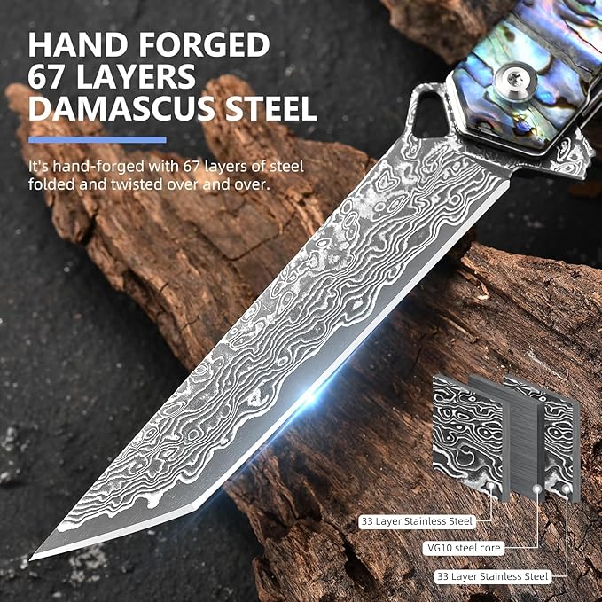 Damascus Pocket Knife 8.97 Tanto Folding Knife Handmade Forged VG10 Core 67-Layer Damascus Steel with Abalone Seashell Handle Leather Sheath