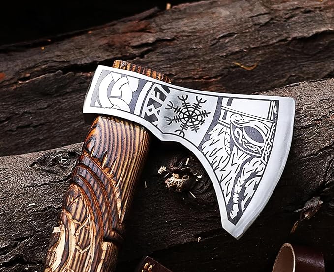 Viking Axe | Hand-Forged Carbon Steel Tomahawk with Rosewood Handle &amp Leather Sheath Bearded Axe for Camping Bushcraft Throwing Gifts for Men (Wood)