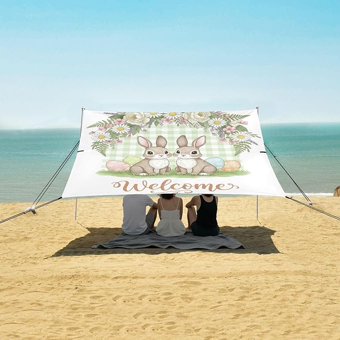 Beach Canopy with Windproof Ropes &amp Sandbags Beach Tent Sun Shade Sun Shelter for Camping Trips Fishing Backyard Fun or Picnics Easter Bunny