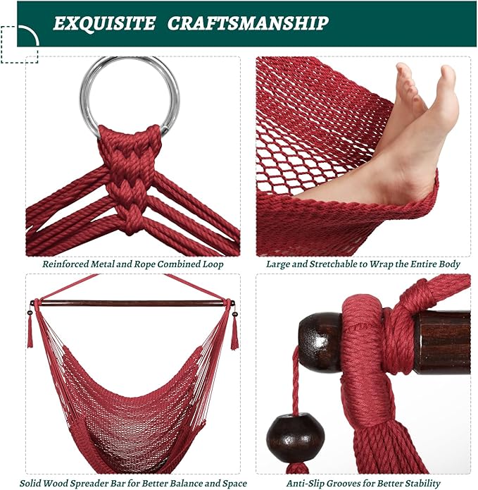 Bathonly Large Hammock Chair with Spreader Bar Caribbean Hammock Swing Chair XL Hammock Chair Outdoor Indoor 330 LBS Weight Capacity Red