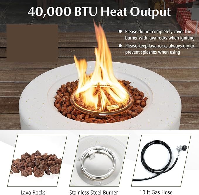 Tangkula Propane Fire Pit Table 25.5” Round Terrazzo Gas Fire Pit with Stainless Steel Burner &amp Lava Rocks Protective Cover &amp Tank Seat Included 40000 BTU Smokeless Fire Pit for Outside Pa