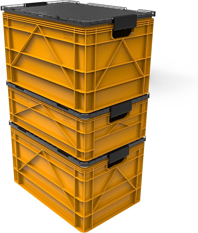 SIDIO CRATE Pro Pack - Two Full Size and One Half Size Heavy Duty Stackable Storage Bins Totes and Containers with Lids and Dividers - Durable Organizer for Home Office Garage and Outdoor Use