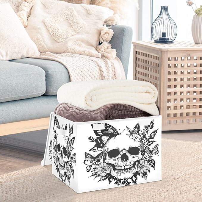 MNSRUU Containers Baskets with Lids Skull Butterfly Fabric Foldable Storage Bins Organizer with Lid Collapsible Storage Boxes for Home Bedroom Closet Office