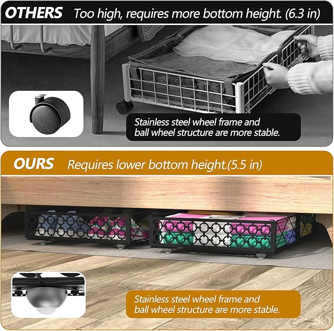 NADAMOO Large Under Bed Storage with Wheels Low Profile Rolling Under Bed Storage ContainersFoldable Metal Under the Bed Organizer Bins for Bedroom2 Packs