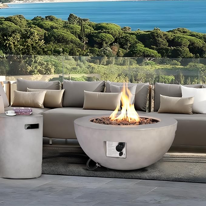 31.5 Round Propane Fire Pit Table50000 BTU Outdoor Gas Fire Table with Tank Cover &amp LidGray Concrete Firepit for PatioBackyardGarden and Pool