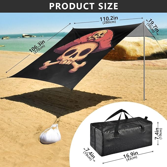 ALAZA Cartoon Pirate Skull with Bones on The Black Beach Tent Sun Shelter Portable Canopy Sunshade for Outdoor Camping Picnics Backyard Fun 10x9 ft
