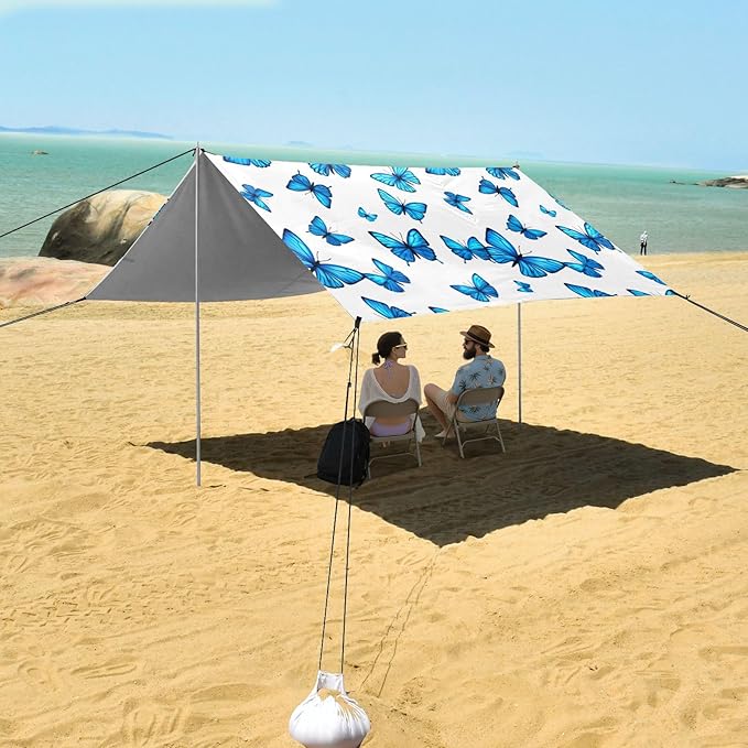 Beach Canopy with Windproof Ropes &amp Sandbags Beach Tent Sun Shade Sun Shelter for Camping Trips Fishing Backyard Fun or Picnics Blue Butterfly