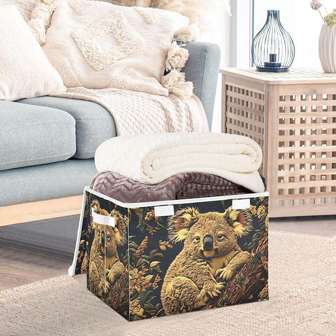 Forest Koala Storage Cube Bins Basket with Lid Collapsible Flip-top Fabric with Handle for Home Bedroom Closet Office 16.5×12.6×11.8 in