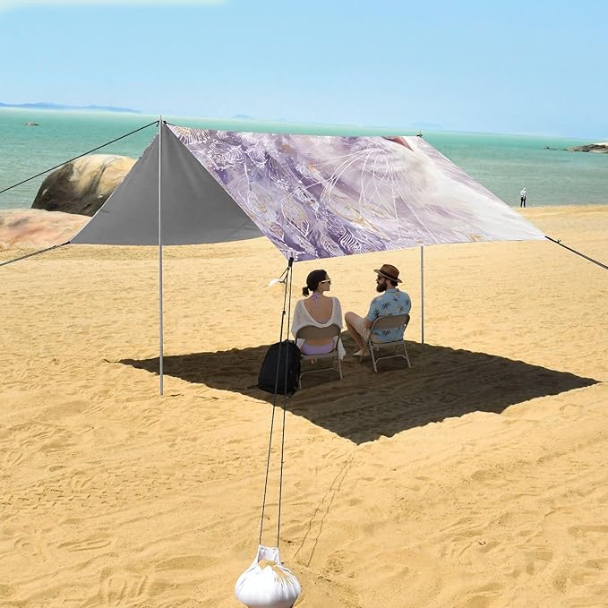 ALAZA White Cat Feathers Gold Edge Beach Tent Sun Shelter Portable Canopy Sunshade for Outdoor Camping Picnics Backyard Fun 10x9 ft